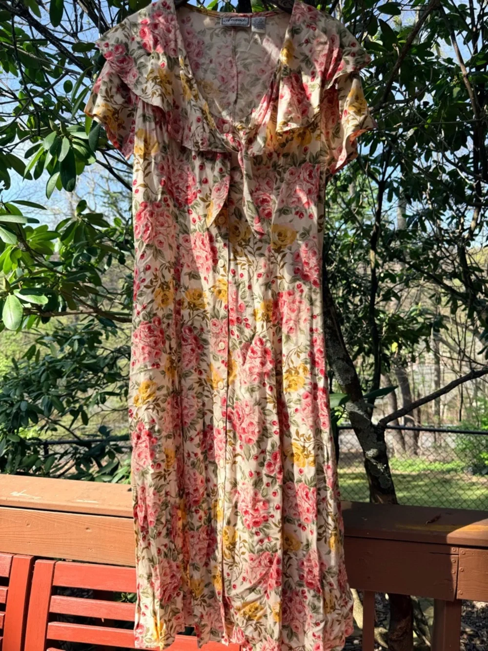 Vintage avocado Cream Floral Tie-Front Maxi Dress with Pink & Yellow Blooms - Picture 2 of 8